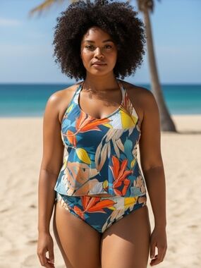 Floral Halter Tankini Bikini Set in Teal & Orange